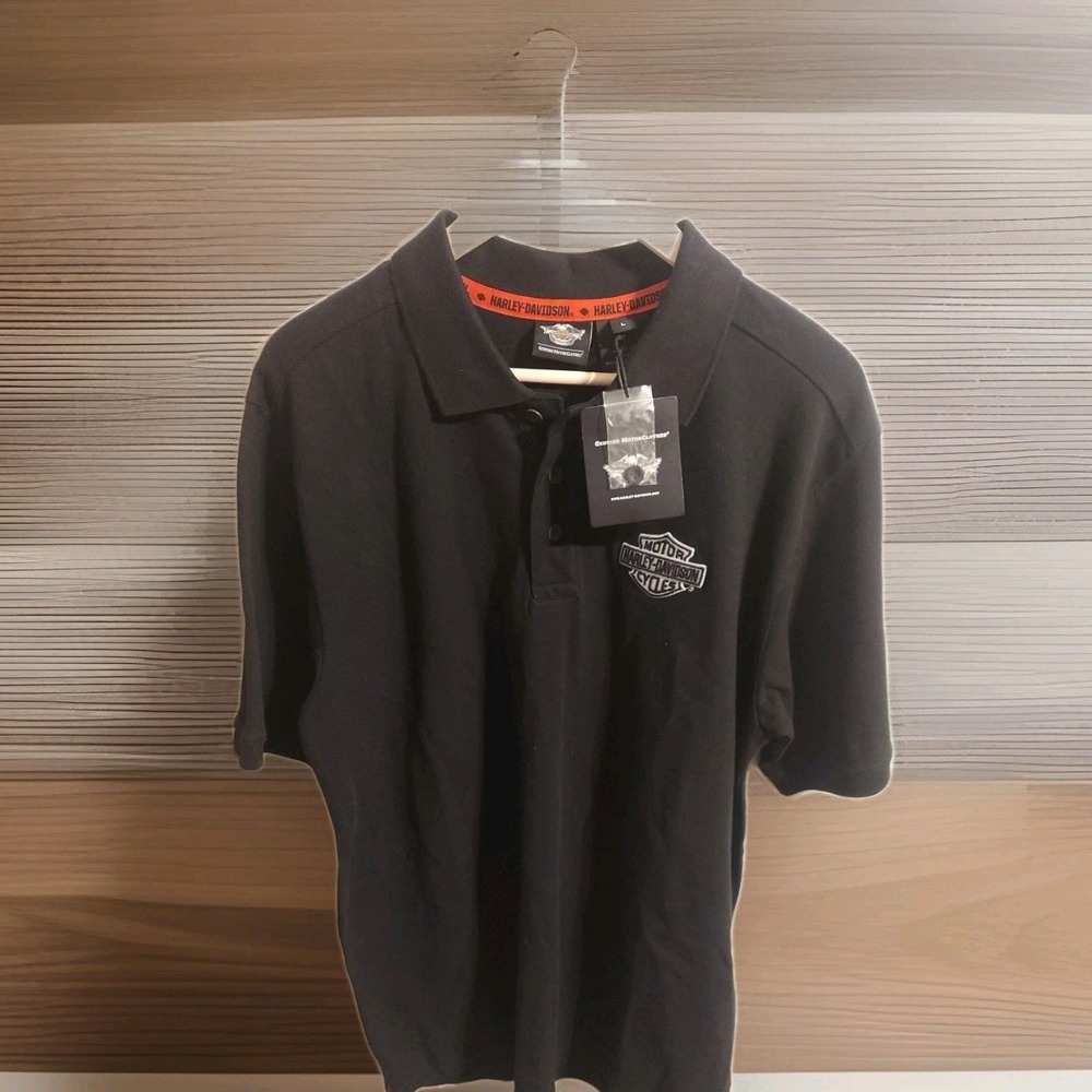 Harley-Davidson Polo Short Sleeve Shirt 1/4 Button Down Men's L Black Motorcycle